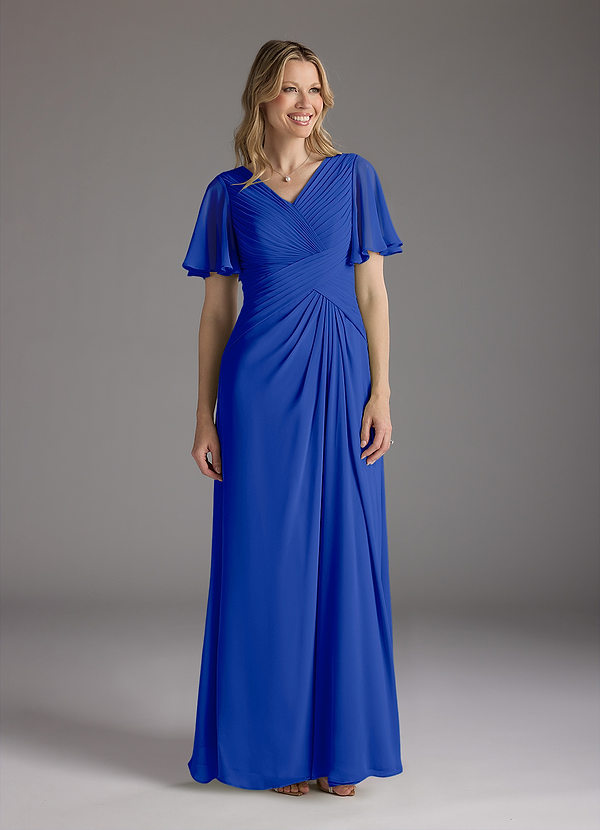 Azazie Morning Glory Mother of the Brides Dresses Royal Blue A-Line V-Neck Ruched Chiffon Dress image1