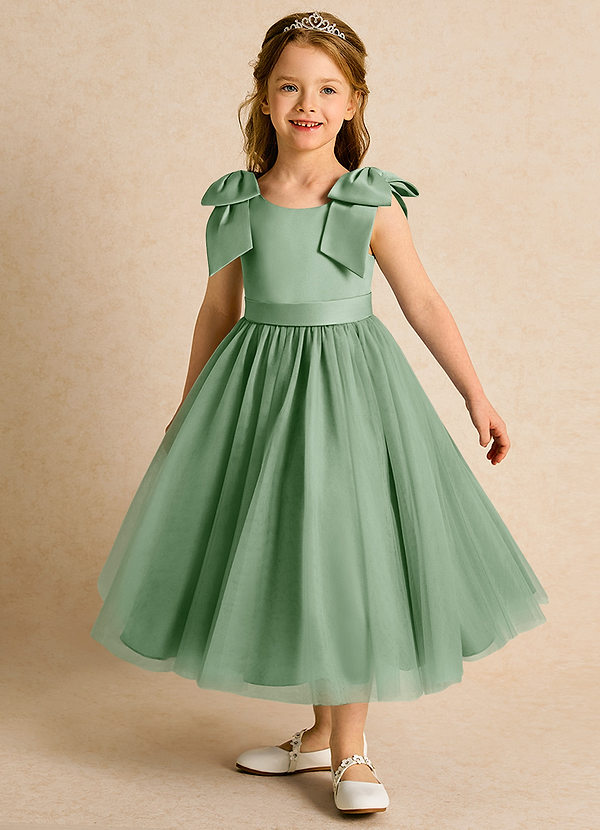 Azazie Serene Abiti da Ragazza di Fiori Abito Principessa in Raso Opaco Fiocco Matcha image1