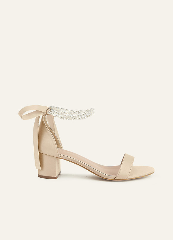 front Matching Color Matte Satin Pearl and Bow Open Toe Chunky Heel Sandals