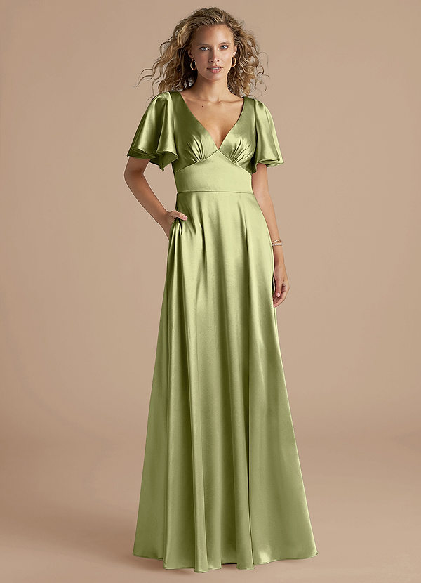 Azazie Kimber Bridesmaid Dresses Pistachio A-Line Ruched Metallic Satin Dress image1