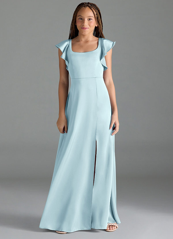 Azazie Bondi Junior A-Linie Seitliche Cut-Outs Stretch-Satin Kleid Wolke Blau image1