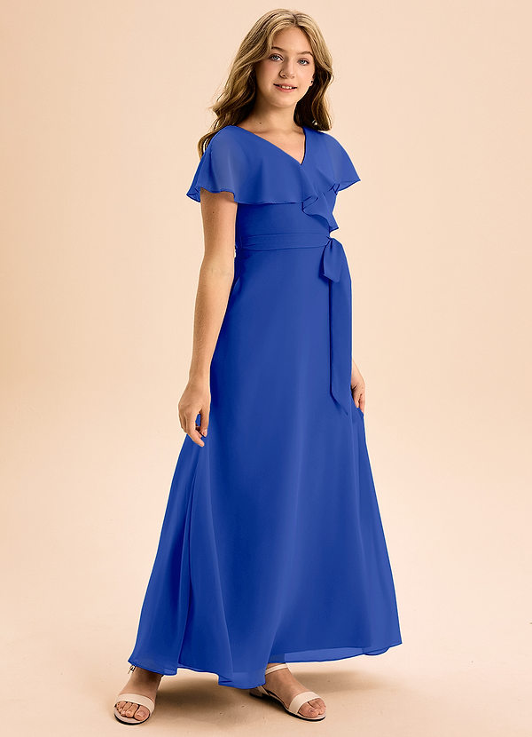 Azazie Lainey Junior Vestido de Azul Real de Gasa de Corte En A con Con bolsillos image1