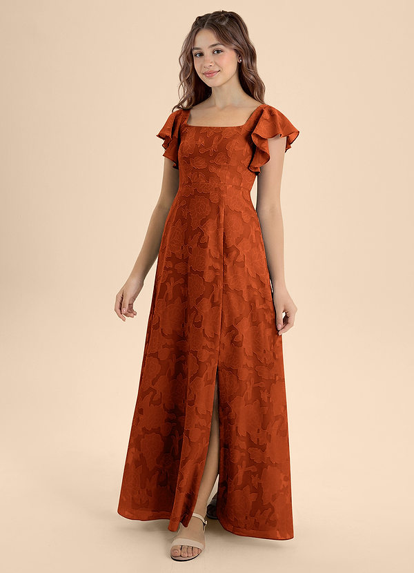 Azazie Bondi Junior Paprika A-Line Bow Floral Burnout Dress image1