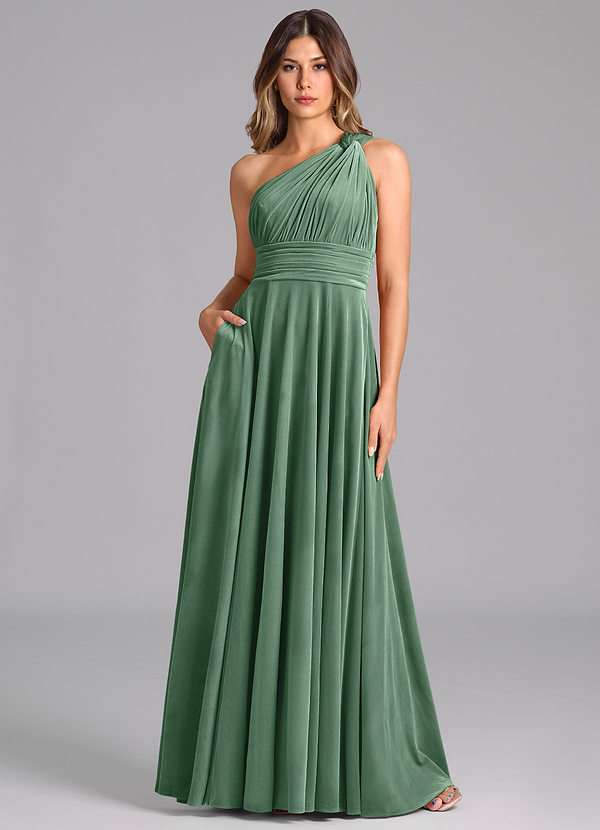 Azazie Charlize Robes Demoiselle d'honneur Robe Trapèze en velours Ue épaule Eucalyptus image1