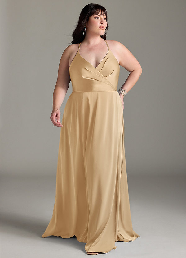 Azazie Davis Robes Demoiselle d'honneur Robe Trapèze en Satin extensible Plissée Or image1