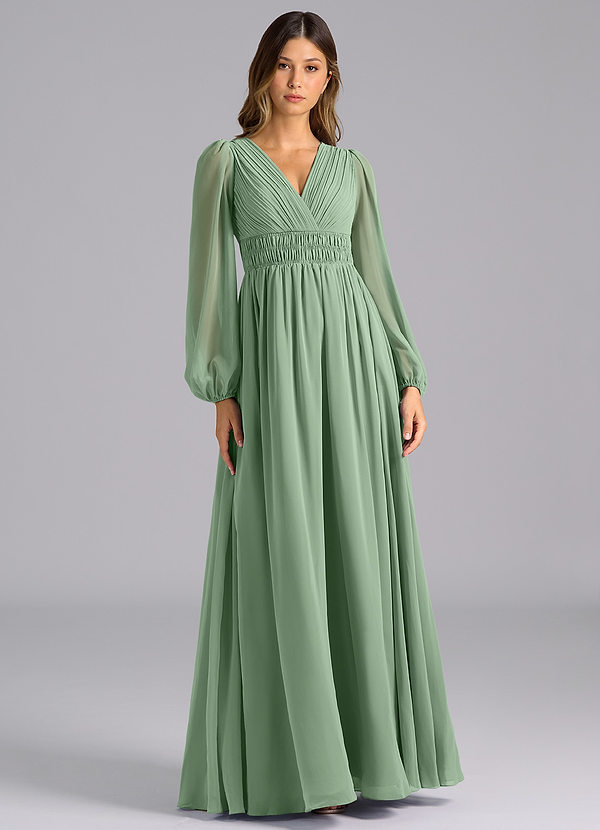 Azazie Palerma Brautjungfernkleider A-Linie Langarm Chiffon Kleid Matcha image1