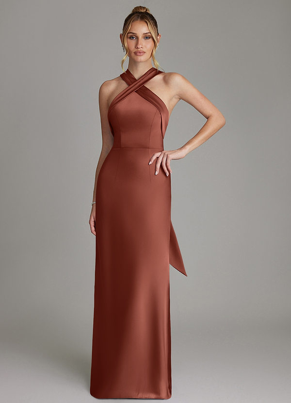 Azazie June Bridesmaid Dresses Auburn Sheath Stretch Satin Dress image1
