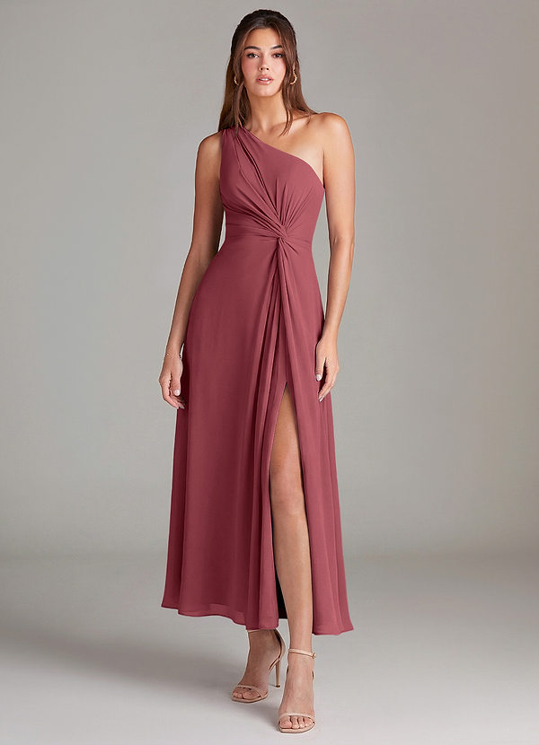 Azazie Brooke Vestidos Dama de Honor Vestido de Merlot de Gasa de Corte en A con Hombro unilateral image1