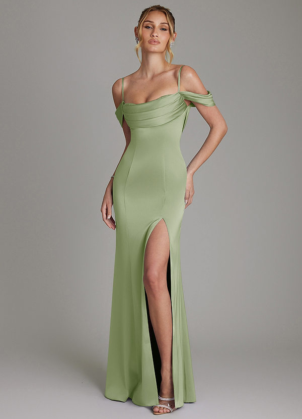 Azazie Nira 신부 들러리 드레스 인어 코르셋 스트레치 새틴 바닥 길이 드레스 image1