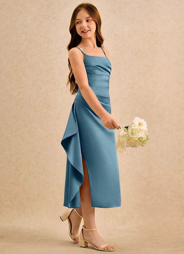 Azazie Canna Girls Formal Blomsterpigekjoler A-Line Plisseret Stræk satin Te-længde Kjole image1