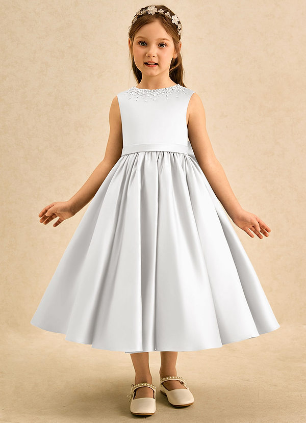 Azazie Doodle Flower Girl Dresses White Ball-Gown Bow Matte Satin Dress image1