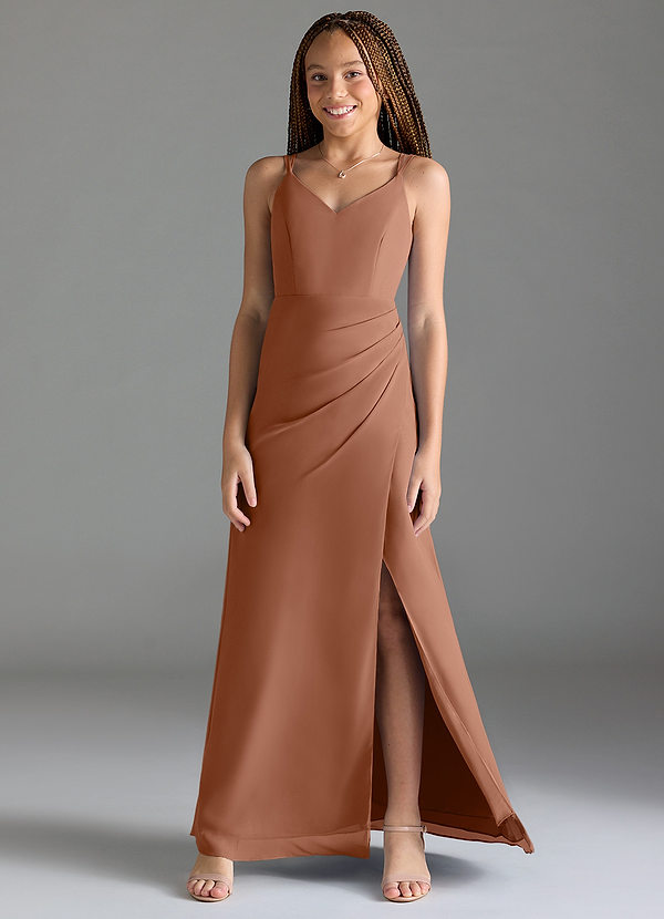 Azazie Leo Junior Abito Sirena in Chiffon Plissettato Bronzo image1