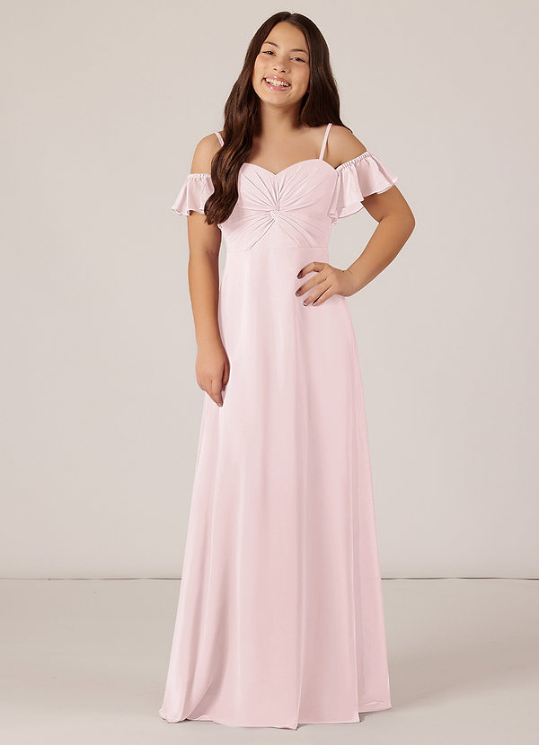 Azazie Juna Junior Robe Trapèze en Mousseline de soie Épaule décolletée Rose Pâle image1