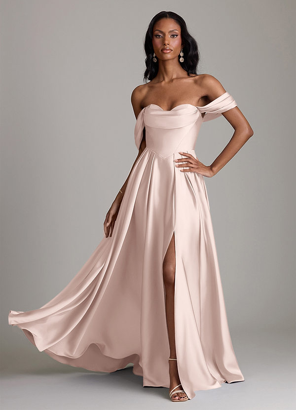 Azazie Loisa Abiti da Damigella Abito A-Line in Raso Elasticizzato a Spalla Scoperta Rosa Rossore image1