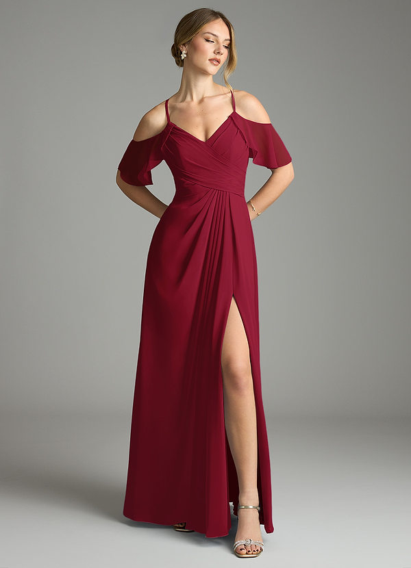 Azazie Dakota Bridesmaid Dresses Burgundy A-Line V-Neck Pleated Chiffon Dress image1