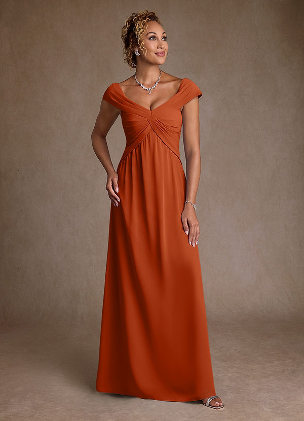 Azazie Myrtle Vestidos de Madre de la Novia Vestido de Naranja Quemada de Gasa de Corte en A con Plisado image1