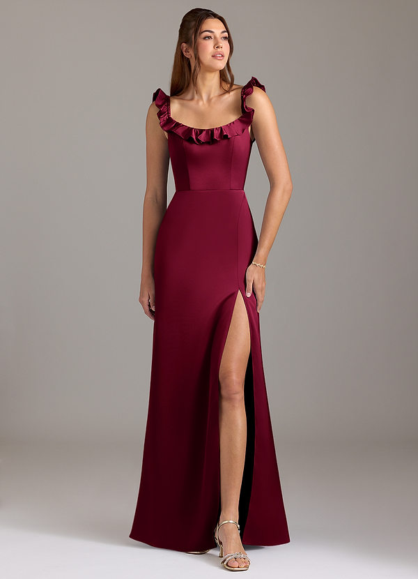 Azazie Callie Bridesmaid Dresses Burgundy A-Line Ruched Stretch Satin Convertible Dress image1