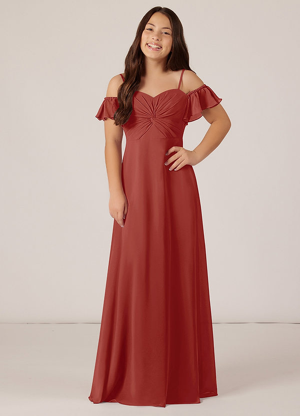 Azazie Juna Junior Robe Trapèze en Mousseline de soie Épaule décolletée Terracotta image1