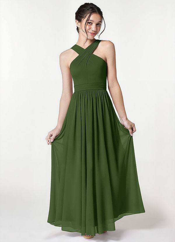Azazie Jiya Junior Olive A-Line Pleated Mesh Dress image1