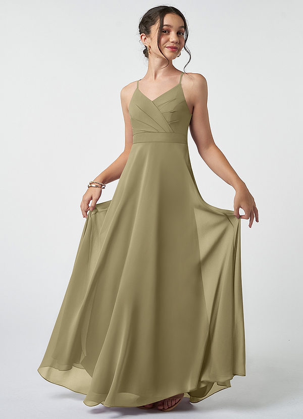 Azazie Avelina Junior Moss Green A-Line Pleated Chiffon Dress image1