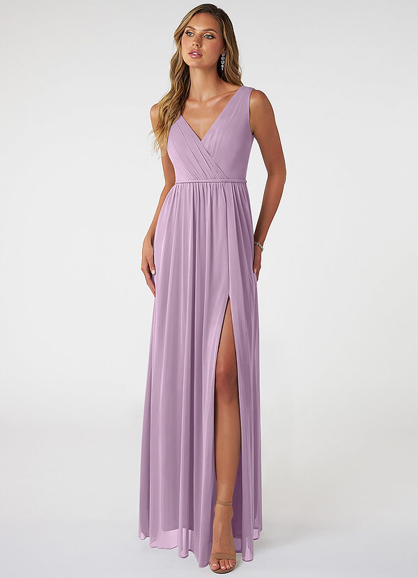 Azazie Tanicia Brautjungfernkleider A-Linie V-Hals Gefaltet Gittergewebe Kleid Blauregen image1