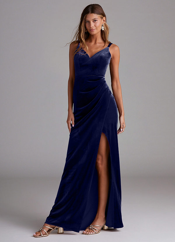 Azazie Leo Bridesmaid Dresses Dark Navy Sheath Pleated Velvet Dress image1