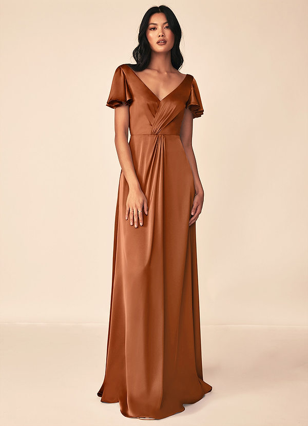 Azazie Soren Bridesmaid Dresses Copper A-Line Pleated Stretch Satin Dress image1