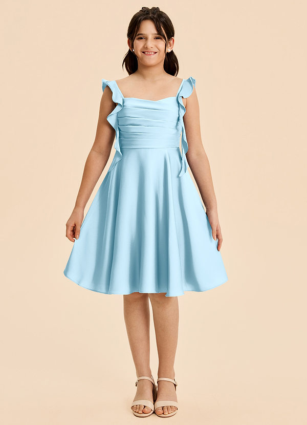 Azazie Kira Junior Vestido de Azul Cielo de Satén Elástico de Corte en A con Volante image1