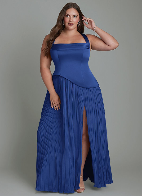 Azazie Stephanie Bridesmaid Dresses Royal Blue A-Line Pleated Stretch Satin Dress image1