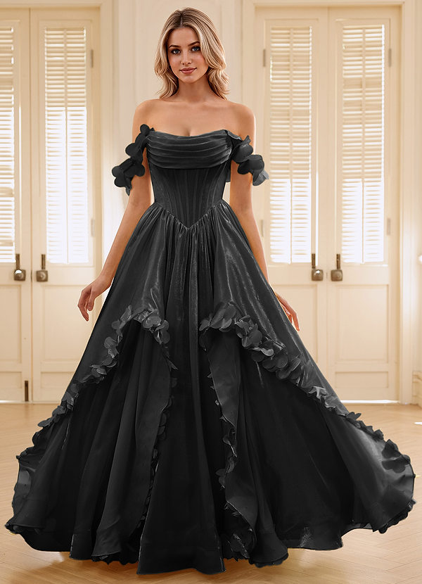 Elysia Black Corset Rhinestone Sheer Lace Prom Dress image1