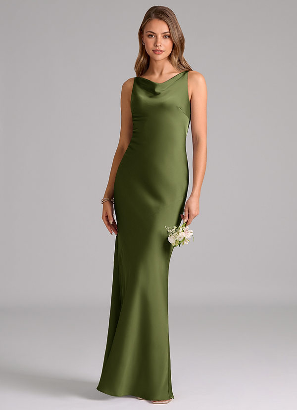 Azazie Allettie Bridesmaid Dresses Olive Mermaid Stretch Satin Dress image1