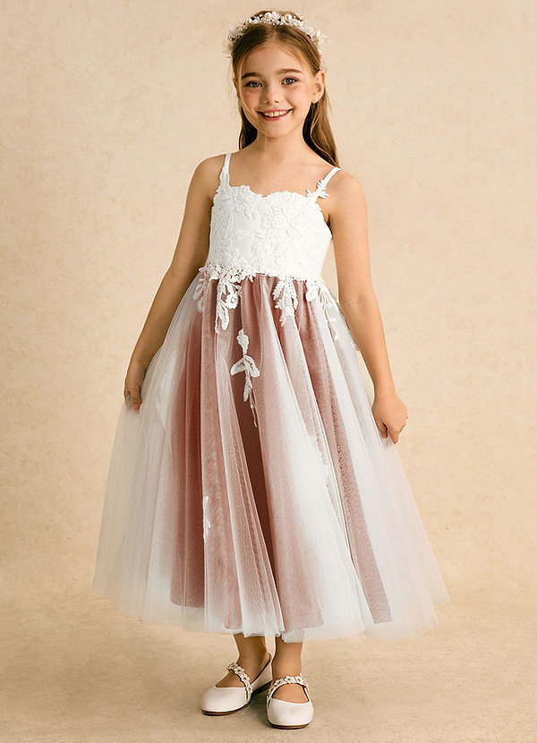 Azazie Coraline Flower Girl Dresses Ivory Burnt Orange A-Line Lace Dress image1
