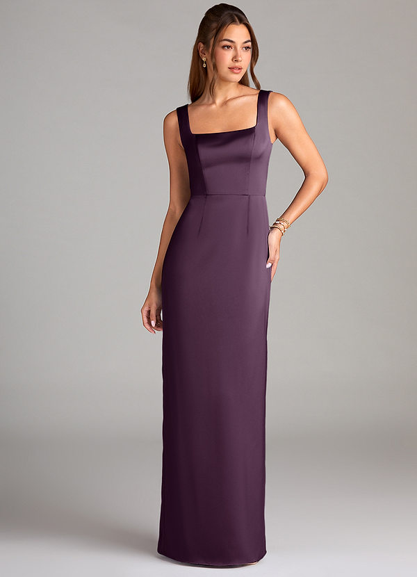 Azazie Flori Bridesmaid Dresses Plum Sheath Side Slit Stretch Satin Dress image1