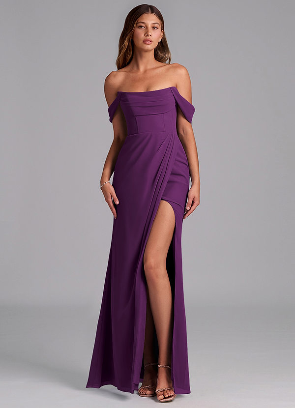 Azazie Johana Bruidsmeisjes Jurken Converteerbaar Jurk van Chiffon met Zeemeermin Off the Shoulder Druif image1