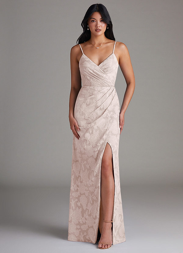 Azazie Maci Bridesmaid Dresses Blushing Pink Sheath Pleated Floral Burnout Dress image1