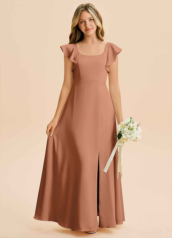Azazie Bondi Junior Bronzer A-Line Side Slit Stretch Satin Dress image1