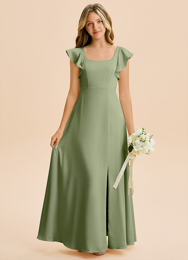 Azazie Bondi Junior Pistachio A-Line Side Slit Stretch Satin Dress image1