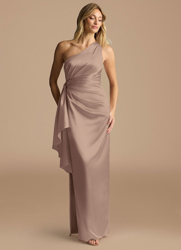 Azazie Saira Bridesmaid Dresses Taupe Sheath One Shoulder Metallic Satin Dress image1