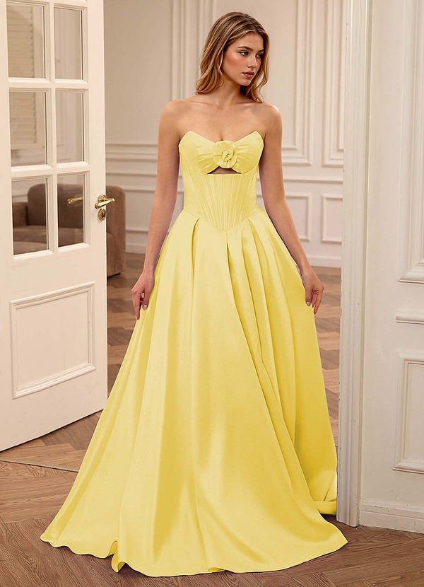 Jacqueline Yellow A-line Front Bow Neckline Corset Prom Dress image1