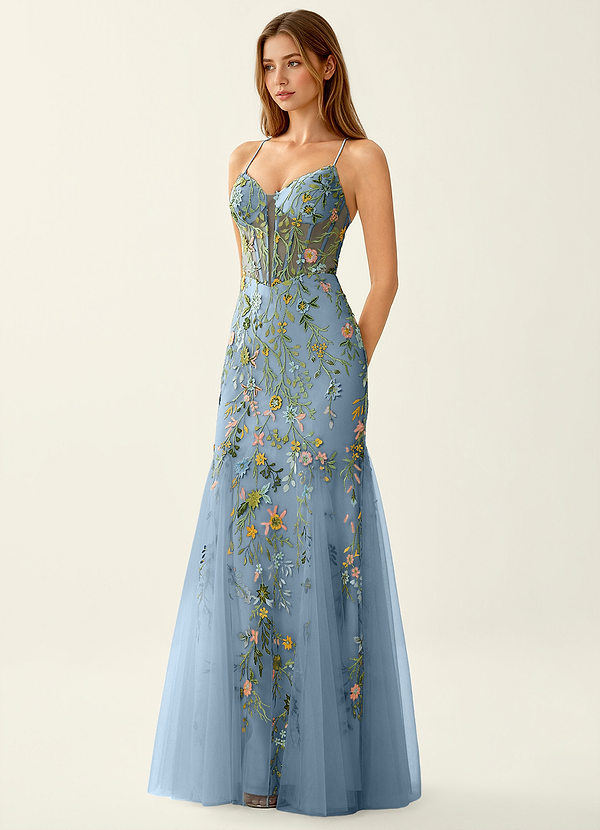 Linnea Aço Azul Vestido de baile sereia de renda com decote em V image1