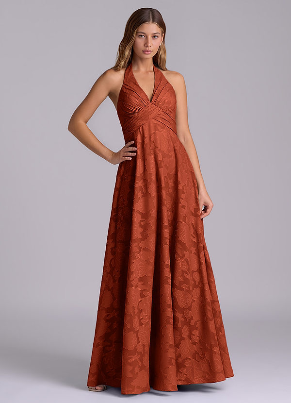 Azazie Tessie Bridesmaid Dresses Auburn A-Line Pleated Floral Burnout Dress image1