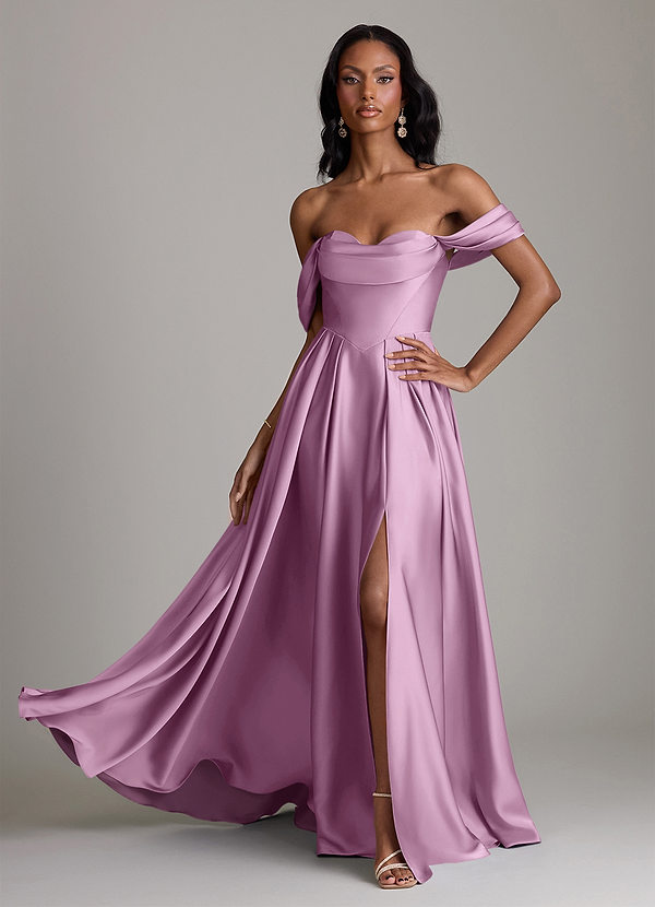 Azazie Loisa Abiti da Damigella Abito A-Line in Raso Elasticizzato a Spalla Scoperta Glicine image1