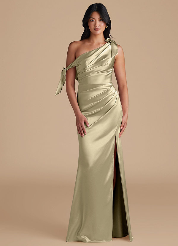 Azazie Xyla Bridesmaid Dresses Moss Green Sheath Off the Shoulder Metallic Satin Convertible Dress image1