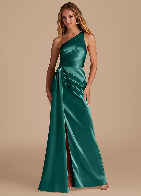 Azazie Mika Bridesmaid Dresses Pine Sheath One Shoulder Metallic Satin Dress image1