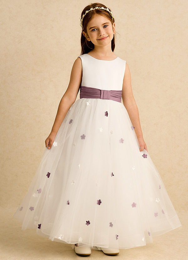 Azazie Cricket Flower Girl Dresses Ivory Vintage Mauve Ball-Gown Pleated Matte Satin Dress image1