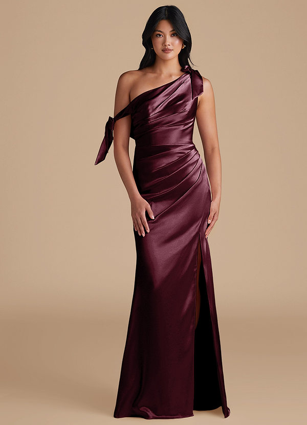 Azazie Xyla Bridesmaid Dresses Cabernet Sheath Off the Shoulder Metallic Satin Convertible Dress image1