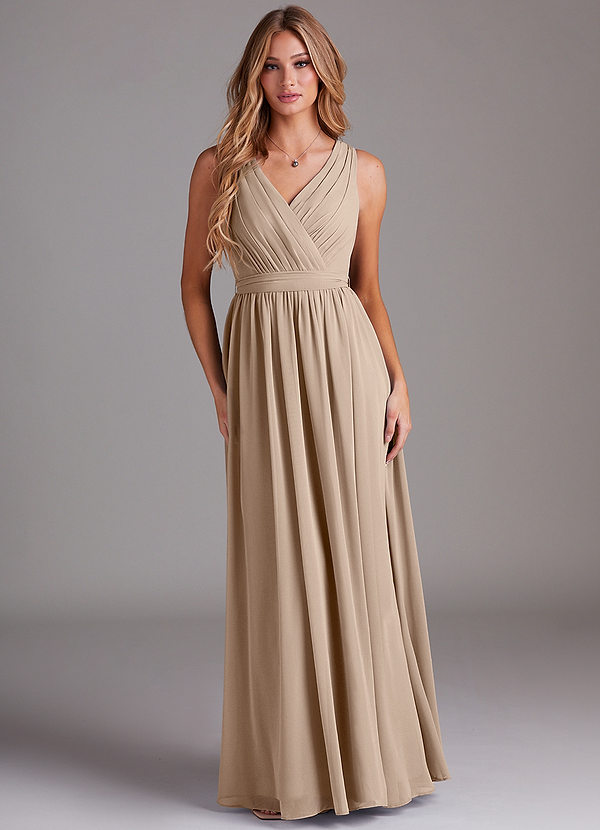Azazie Kingsley Bridesmaid Dresses Taupe A-Line Lace Chiffon Dress image1