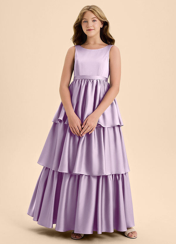 Azazie Meadowyn Junior Vestido de Lila Esmerilada de Satén Elástico de Corte En A con Lazo image1