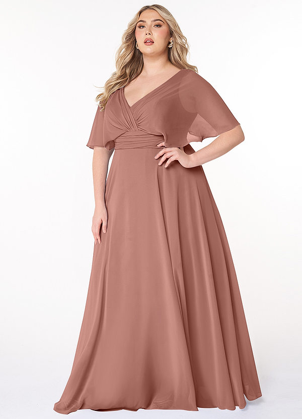 Azazie Pamela Robes Demoiselle d'honneur Robe Trapèze en Mousseline de soie Col V plissé Rose De Cèdre image1