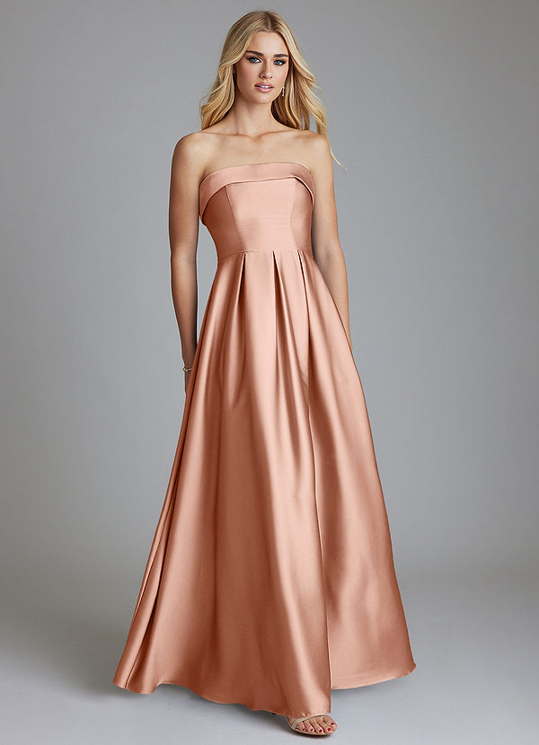 Azazie Lucienne Vestidos Dama de Honor Vestido de Oro Rosa de Satén Elástico de Corte en A Convertible con Sin tirantes image1